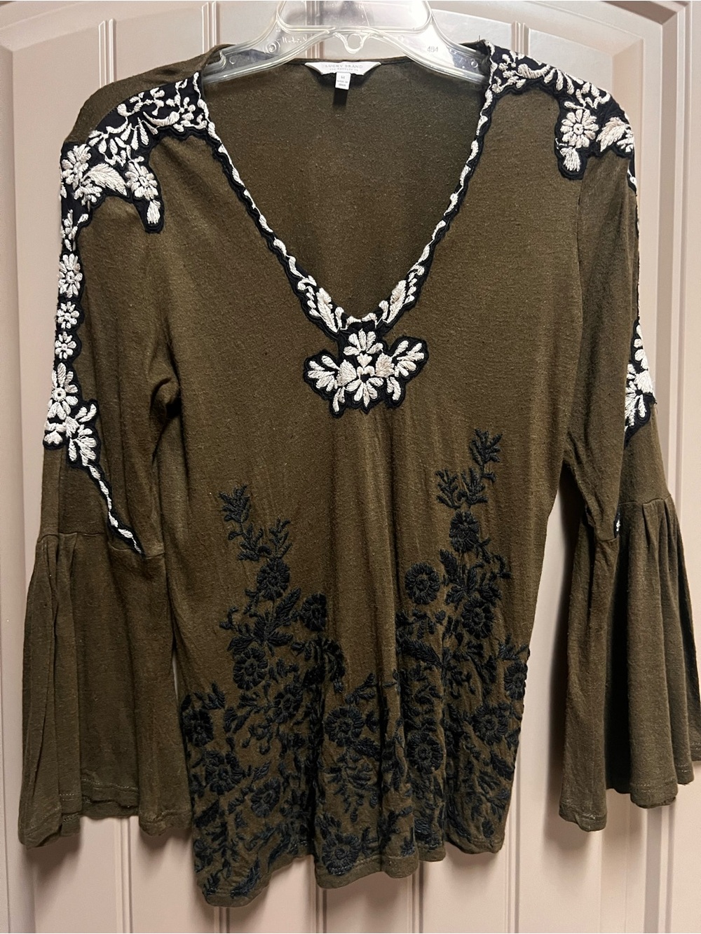 Lucky Brand Embroidered Floral Tunic Top Olive Green Bell Sleeve M